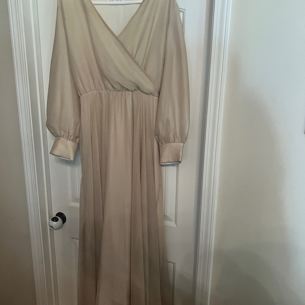 Ivy City Co Tan Gold Asymmetrical Gown with Bishop Sleeves